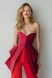 Red Strapless 2 Piece Patchwork Business Suits