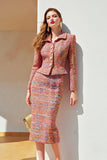 Sunset 2 Piece Tweed Single Breasted Pencil Midi Pageant Interview Outfits with Sleeves