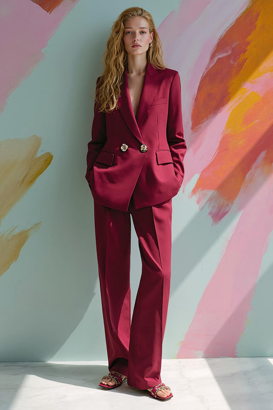 Burgundy Peak Lapel 2 Piece Satin Women Prom Suits with Pockets