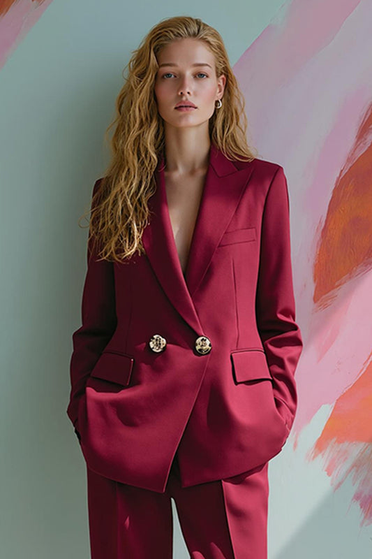 Burgundy Peak Lapel 2 Piece Satin Women Prom Suits with Pockets