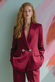 Burgundy Peak Lapel 2 Piece Satin Women Prom Suits with Pockets