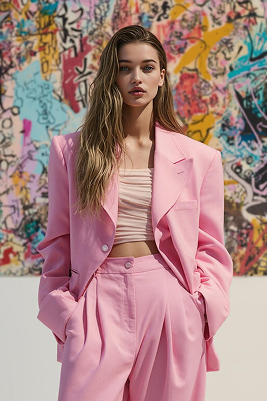Pink Peak Lapel Satin 2 Piece Women Prom Suits with Pockets