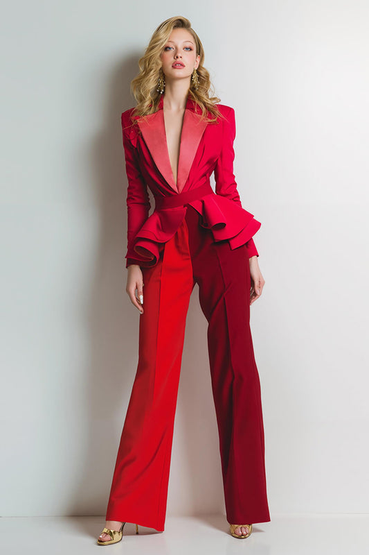 Red 2 Piece Peak Lapel Satin Women Prom Suits with Belt