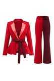 Red 2 Piece Peak Lapel Satin Women Prom Suits with Belt