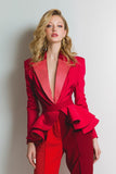 Red 2 Piece Peak Lapel Satin Women Prom Suits with Belt