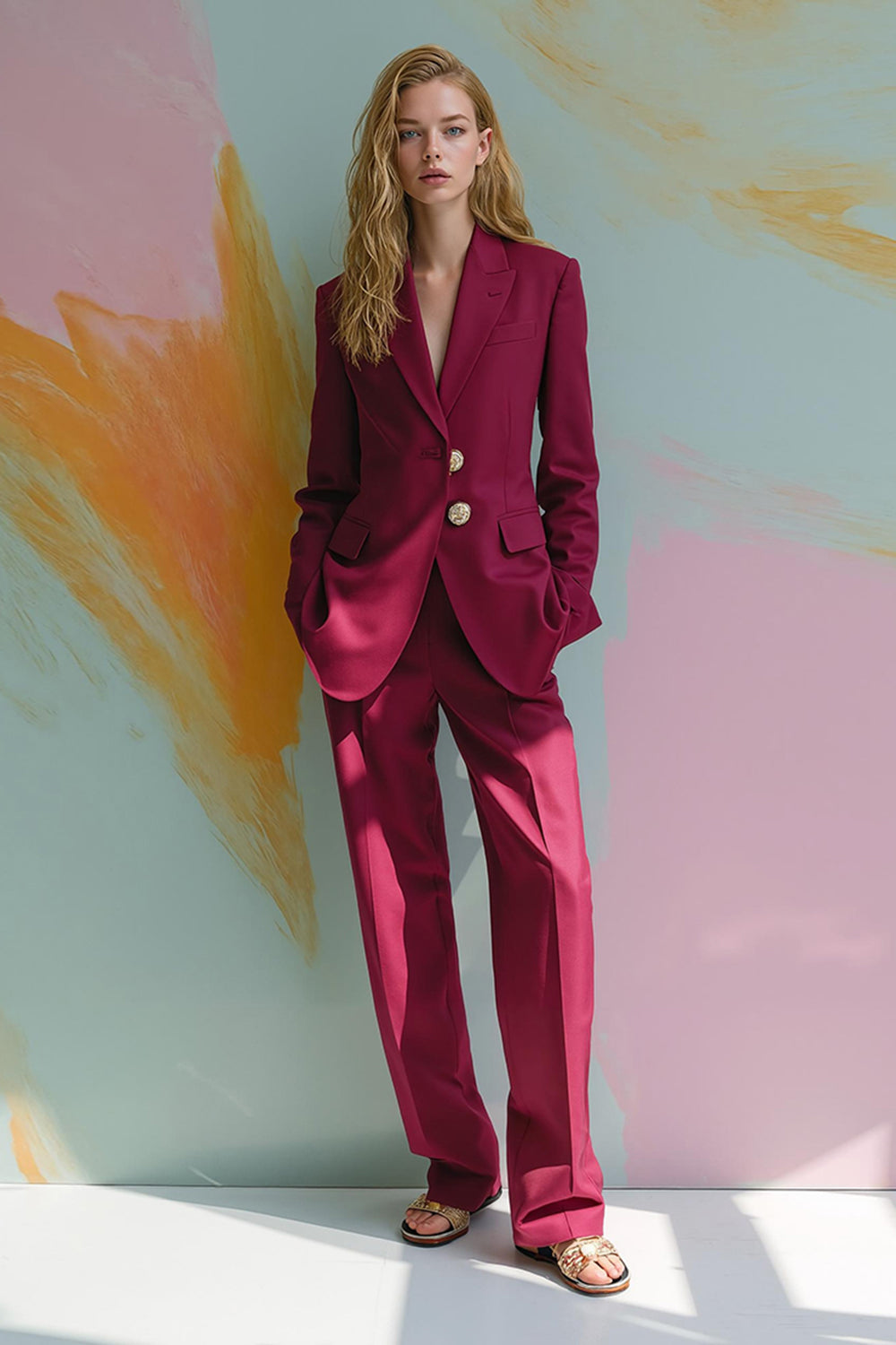 Burgundy Peak Lapel Satin 2 Piece Prom Suits with Pockets