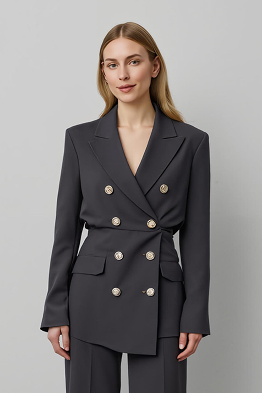 Dark Grey Double Breasted 2 Piece Peak Lapel Business Suits