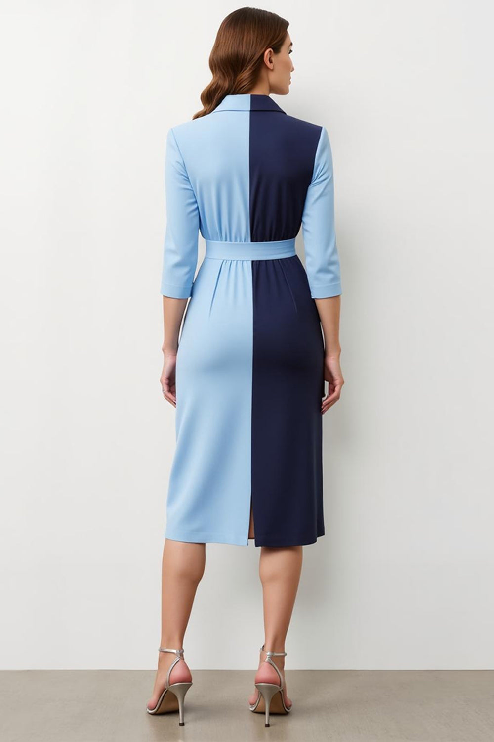 Navy Blue Peak Lapel Patchwork Midi Blazer Dress with Bow