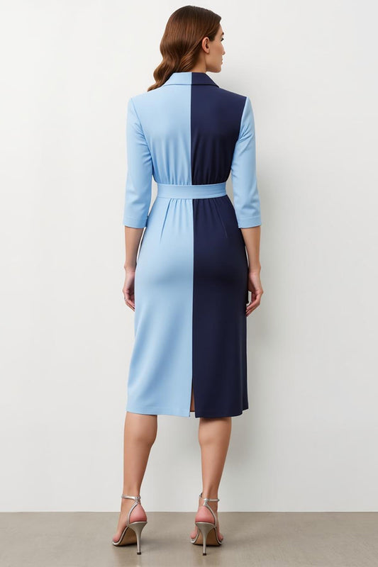 Navy Blue Peak Lapel Patchwork Midi Blazer Dress with Bow