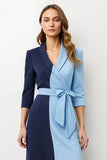 Navy Blue Peak Lapel Patchwork Midi Blazer Dress with Bow