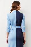 Navy Blue Peak Lapel Patchwork Midi Blazer Dress with Bow