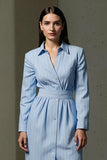 Blue Collar Neck Pencil Single Breasted Midi Shirt Dress
