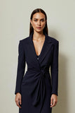 Navy Pencil Notched Lapel Ruched Midi Blazer Dress