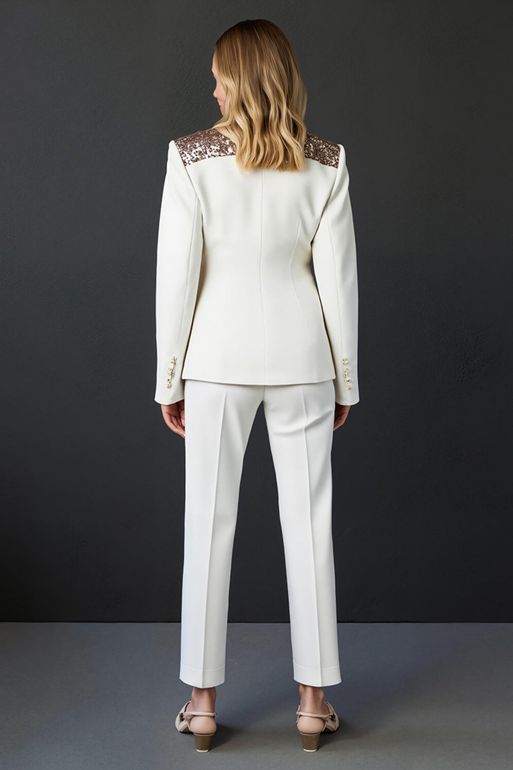 Sparkly White 2 Piece Shawl Lapel Prom Suits with Buttons
