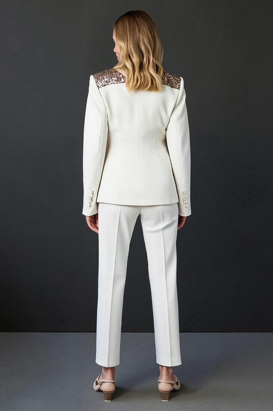 Sparkly White 2 Piece Shawl Lapel Prom Suits with Buttons