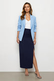 Navy Blue Notched Lapel Pencil 2 Piece Long Business Suits with Slit