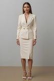Ivory Notched Lapel Pencil 2 Piece Midi Business Suits with Slit