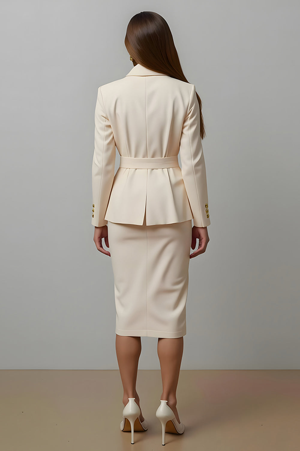 Ivory 2 Piece Notched Lapel Pencil Midi Business Suits with Sash