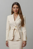 Ivory 2 Piece Notched Lapel Pencil Midi Business Suits with Sash