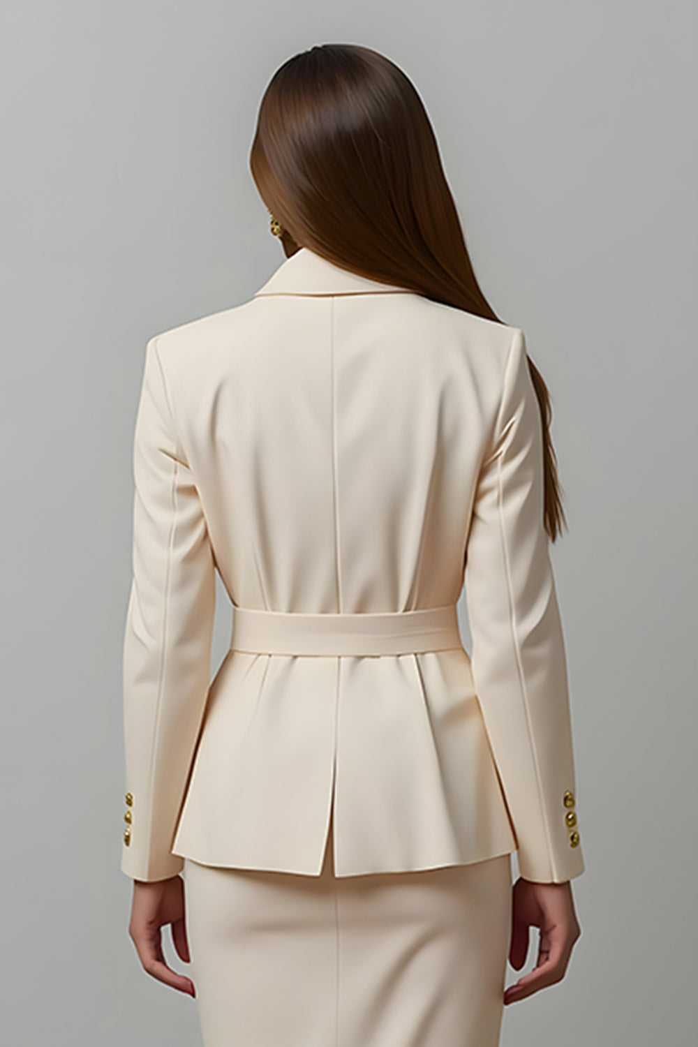 Ivory 2 Piece Notched Lapel Pencil Midi Business Suits with Sash