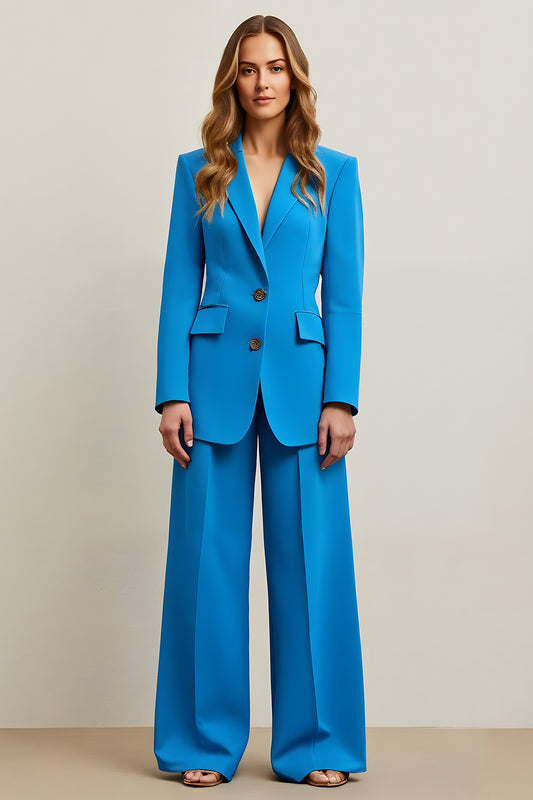 Blue Single Breasted Satin 2 Piece Women Prom Suits