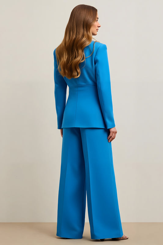 Blue Single Breasted Satin 2 Piece Women Prom Suits