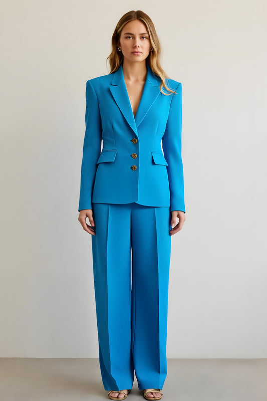 Blue 2 Piece Notched Lapel Satin Women Prom Suits