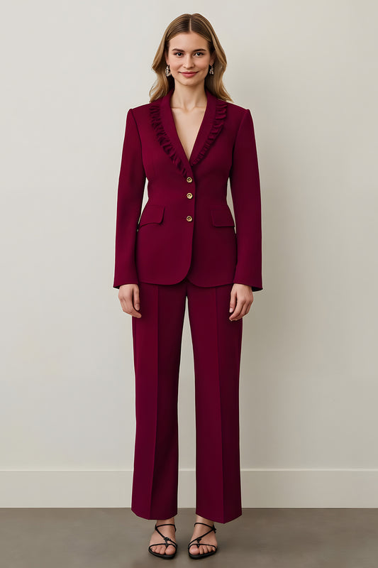 Burgundy Shawl Lapel 2 Piece Women Prom Suits with Ruffles