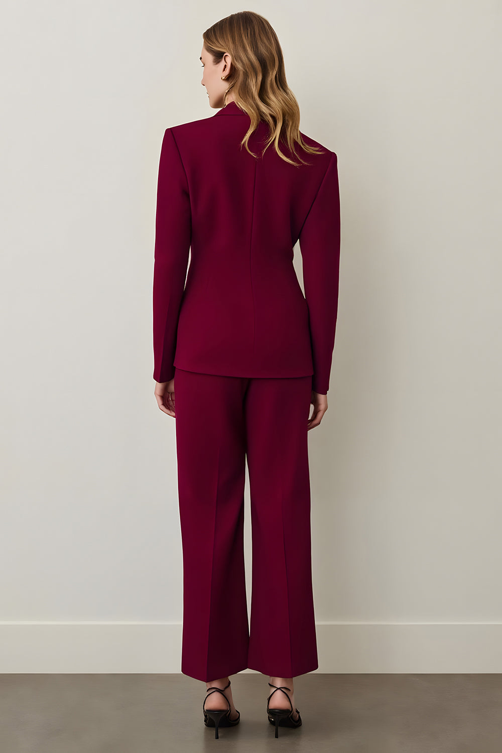 Burgundy Shawl Lapel 2 Piece Women Prom Suits with Ruffles