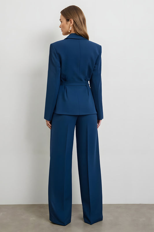 Dark Blue Double Breasted 2 Piece Satin Business Suits