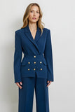Dark Blue Double Breasted 2 Piece Satin Business Suits