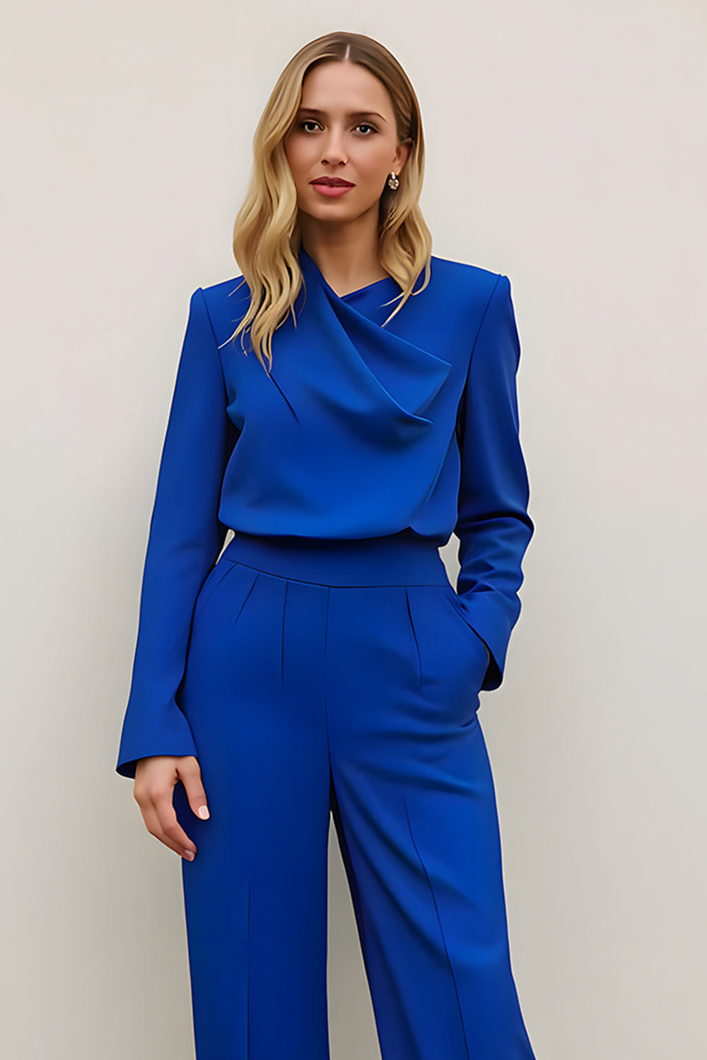Royal Blue 2 Piece Satin Business Suits with Pockets