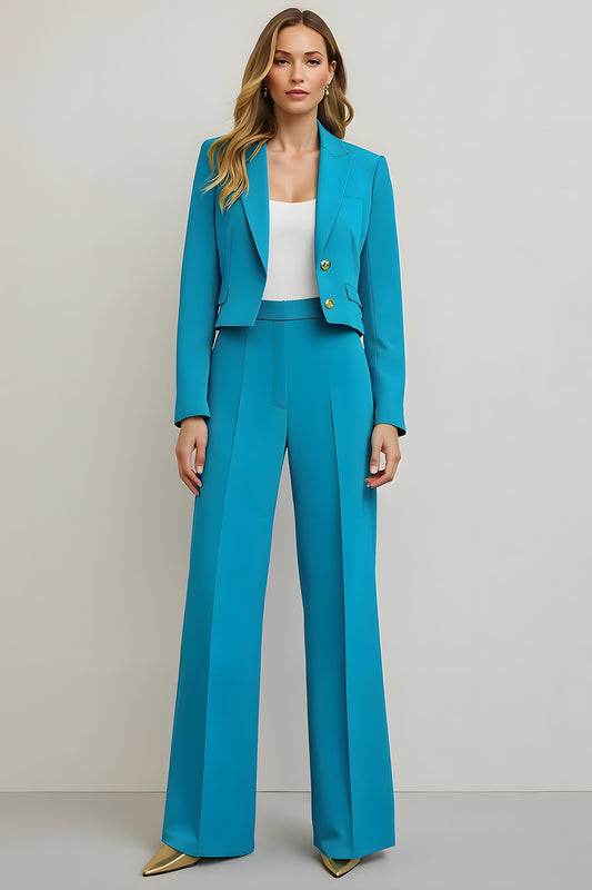 Blue 2 Piece Peak Lapel Satin Women Prom Suits