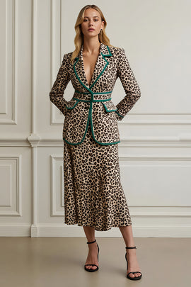 Coffee Leopard Notched Lapel 2 Piece Women Prom Suits