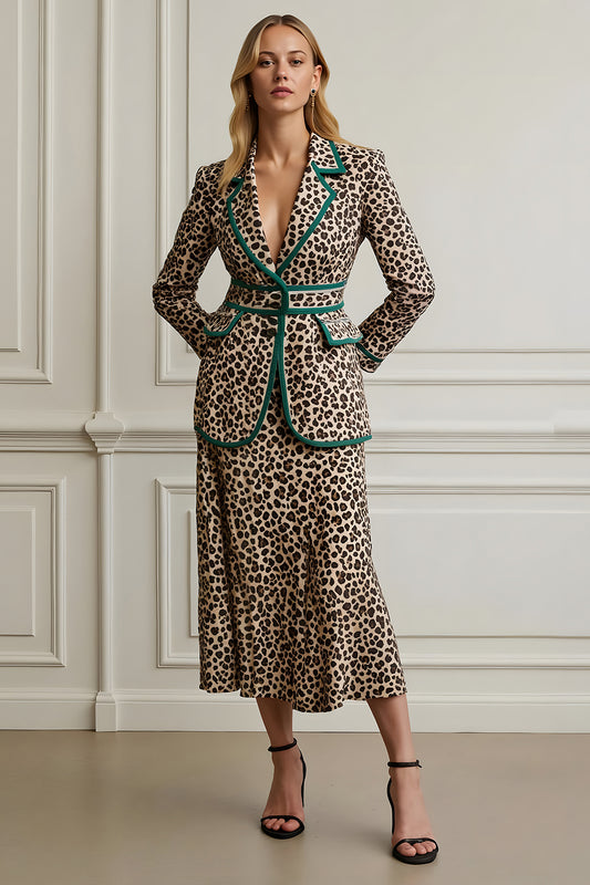 Coffee Leopard Notched Lapel 2 Piece Women Prom Suits