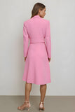 Pink Pencil Notched Lapel Midi Blazer Dress with Belt