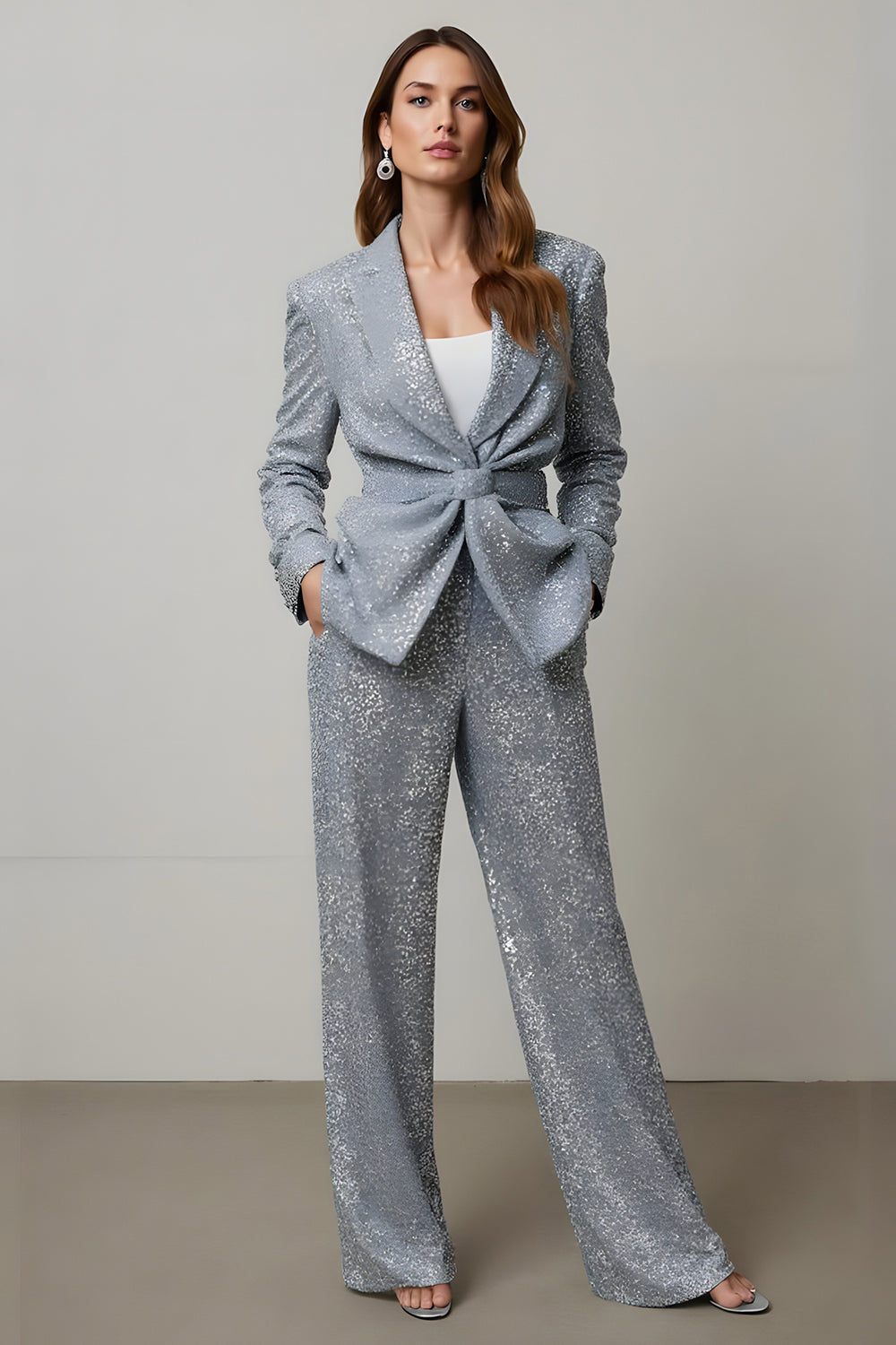 Sparkly Grey Sequins 2 Piece Women Prom Suits with Pockets