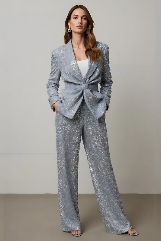 Sparkly Grey Sequins 2 Piece Women Prom Suits with Pockets