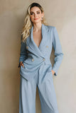 Grey Blue Notched Lapel 2 Piece Women Prom Suits with Pockets