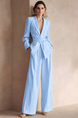 Blue 2 Piece Peak Lapel Women Prom Suits with Sash