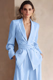 Blue 2 Piece Peak Lapel Women Prom Suits with Sash
