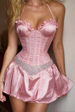 Pink A-Line Satin Short Corset Homecoming Dress with Beading