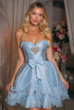 Blue Satin A-Line Tiered Short Corset Homecoming Dress