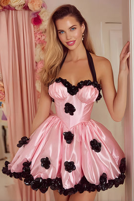 Pink Satin A-Line Short Corset Homecoming Dress with 3D Flowers