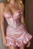 Pink A-Line Satin Corset Short Homecoming Dress with Ruffles