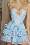 Sparkly Blue A-Line Ruffled Corset Short Homecoming Dress with Bow