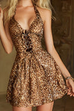 Coffee Leopard Halter Neck A-Line Short Homecoming Dress