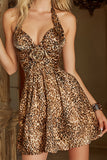 Coffee Leopard A-Line Short Homecoming Dress with 3D Flower