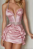 Sparkly Pink Halter Satin Corset Short Homecoming Dress with Beading