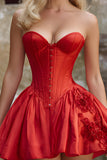 Red Satin Sweetheart Corset Floral Short Homecoming Dress